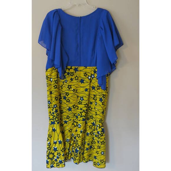 AFRICAN Handmade Ankara Dress Mid Length Short Sleeve Yellow Blue Gems Headwrap - Picture 6 of 11